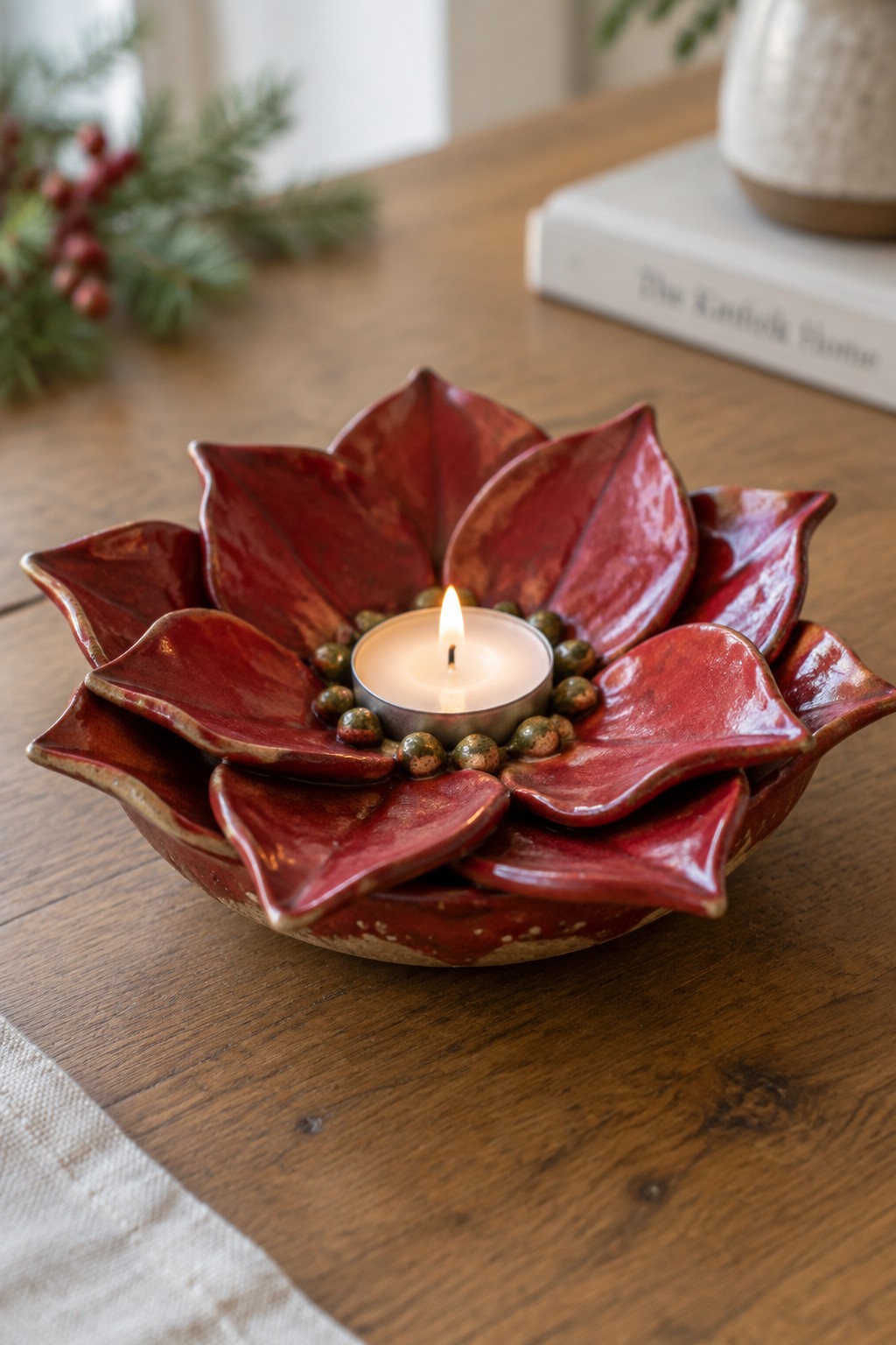 Red ceramic flower-shaped candle holder with lit tea light on wooden table