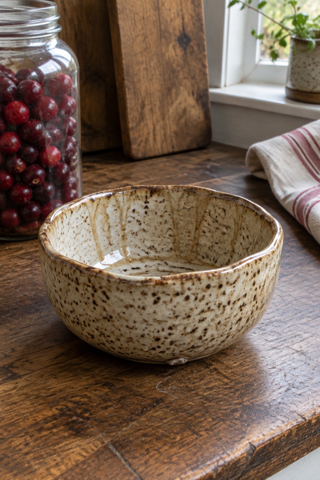 Speckled ceramic bowl on wooden table beside jar of cranberries