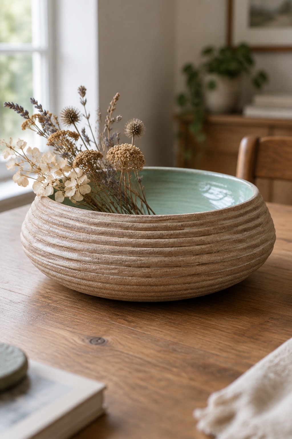 Ribbed beige ceramic bowl with turquoise interior holding dried flowers on wooden table