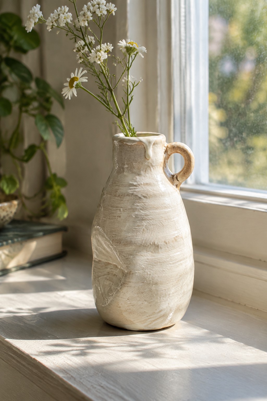 Textured white ceramic pitcher with wildflowers on sunlit wooden windowsill