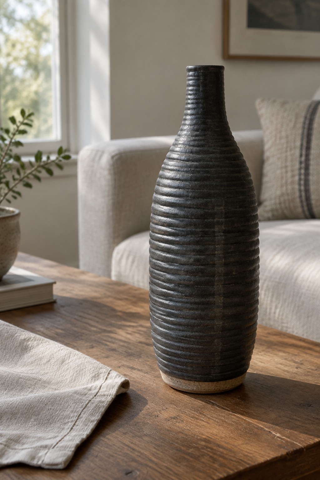 Dark ribbed ceramic vase on wooden table with linen cloth and sofa