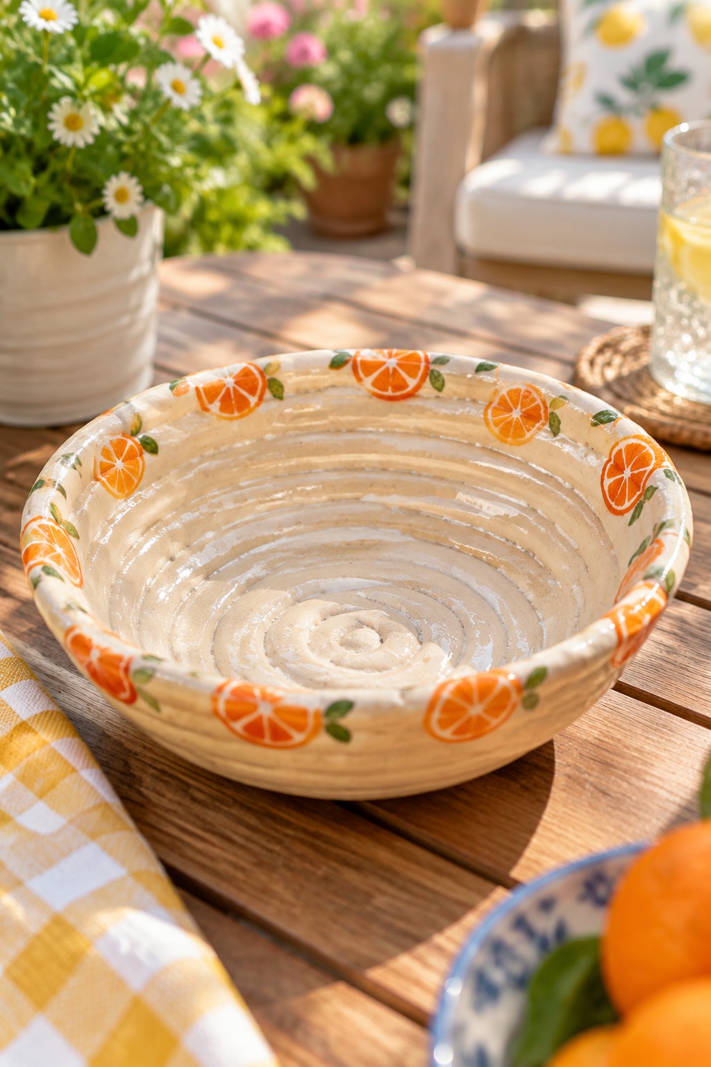 Orange-patterned ceramic bowl on wooden patio table with lemonade and flowers