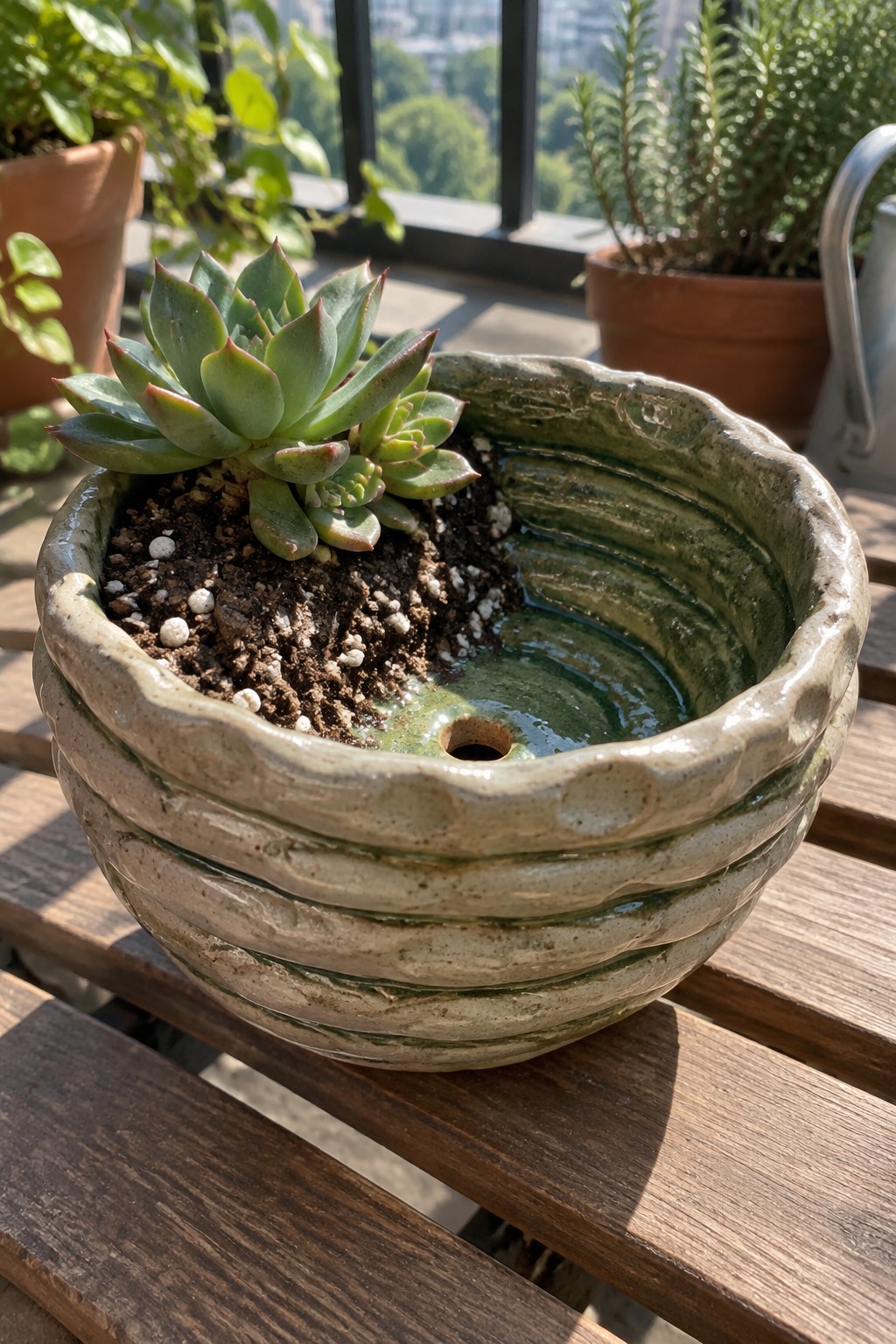 Rosette succulent in ridged green ceramic pot with water on wooden table