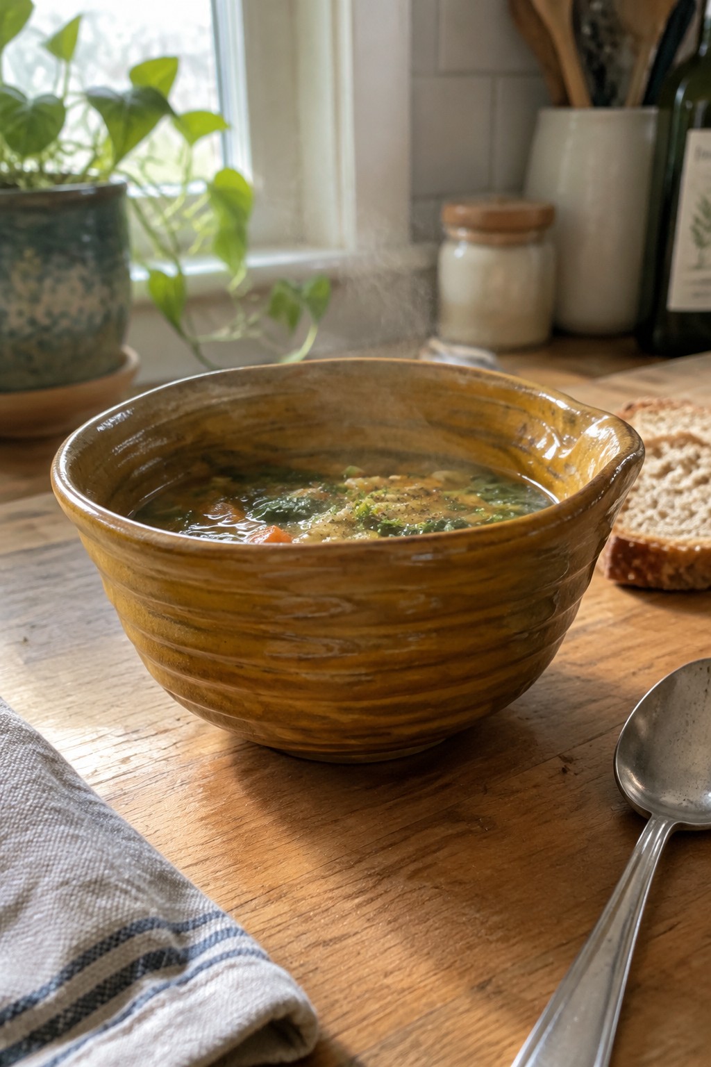 Steaming vegetable soup in rustic yellow bowl on wooden table with bread and spoon