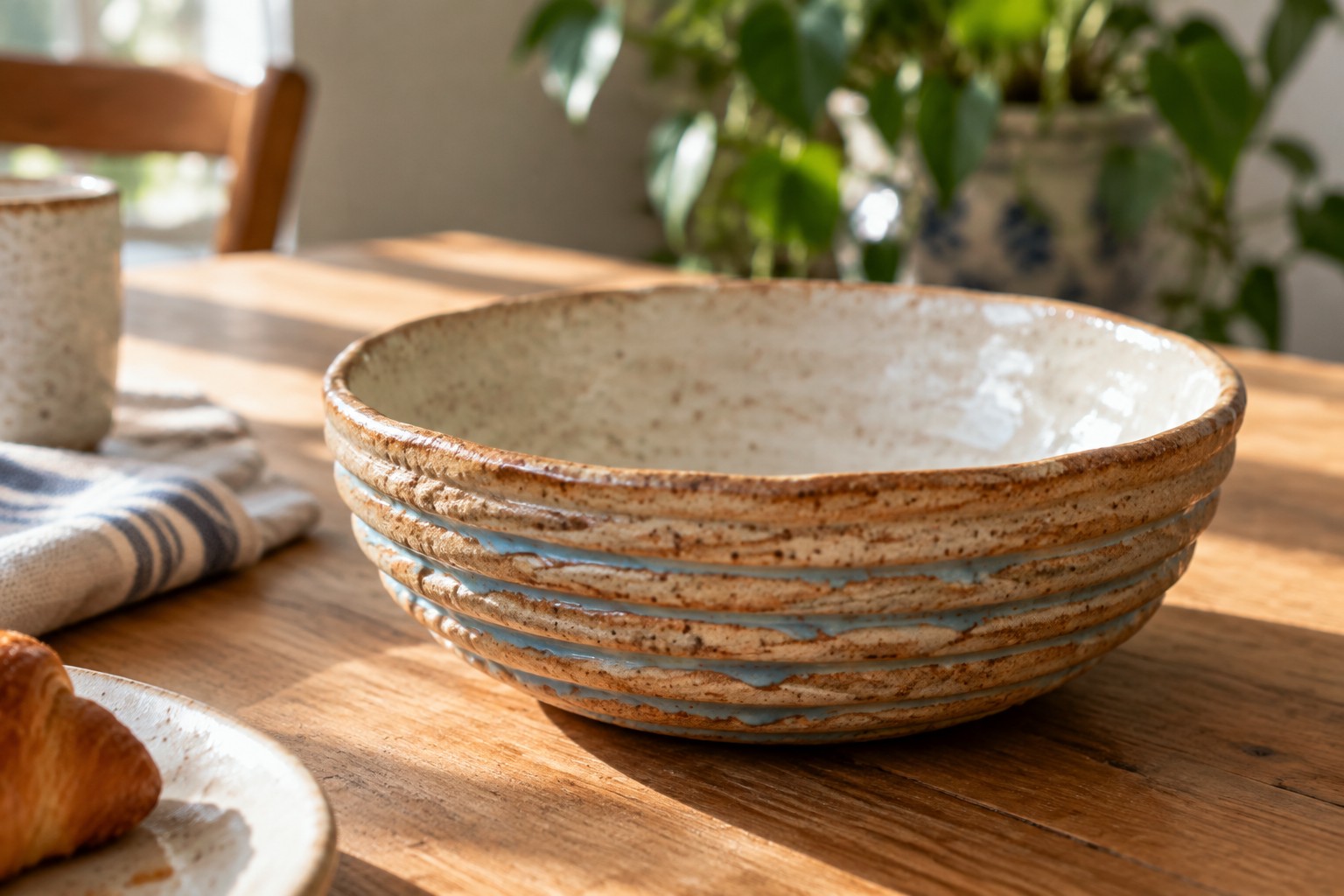 Rustic ceramic bowl with blue ridged glaze on sunlit wooden table near plant
