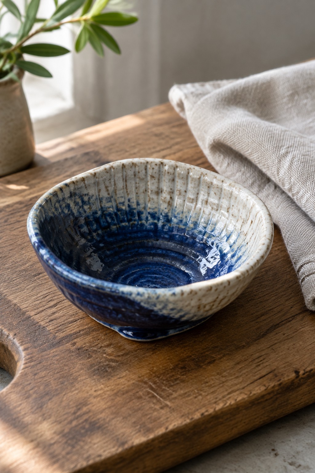 Blue and white ridged ceramic bowl on wooden board with linen cloth and plant