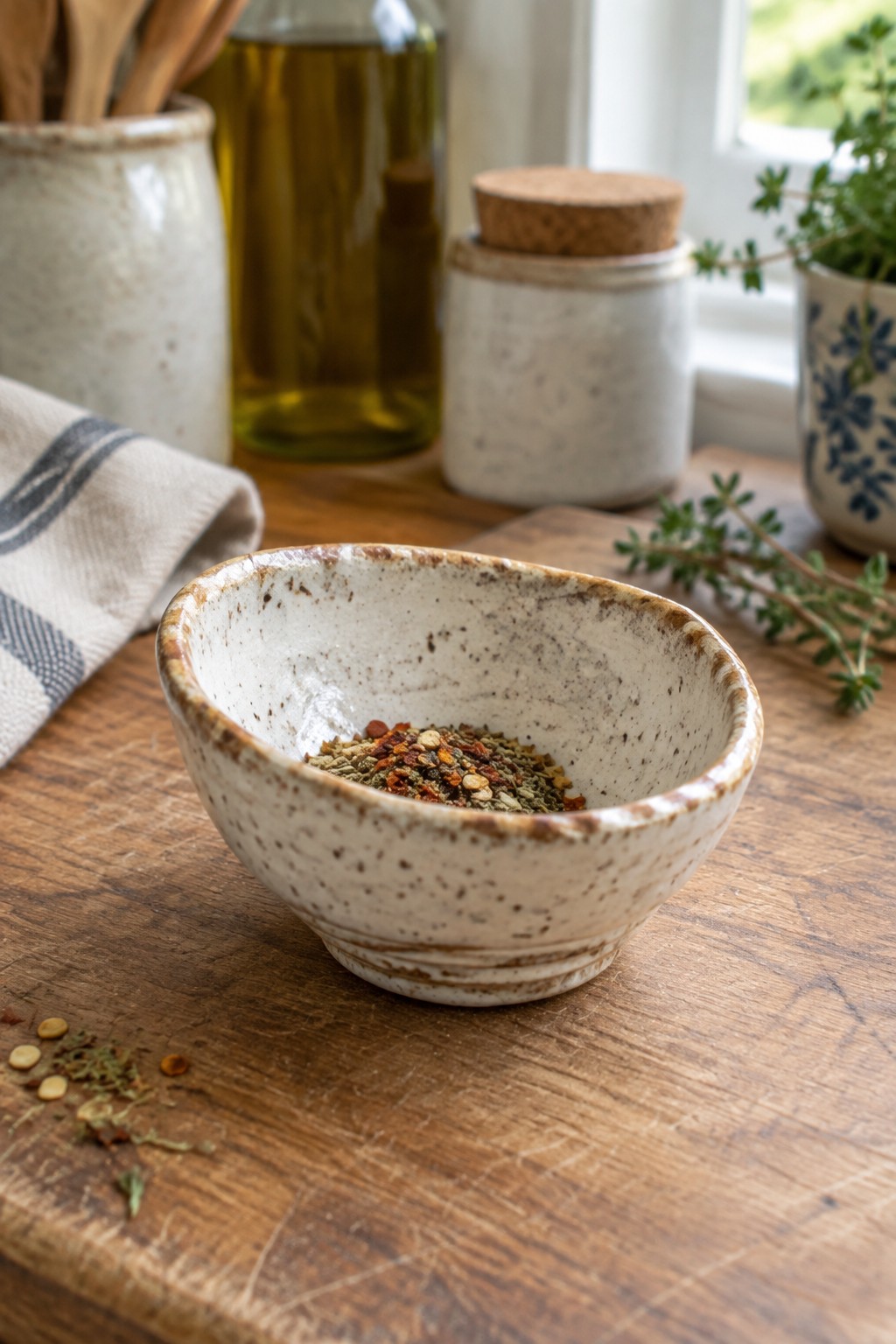 Speckled ceramic bowl of mixed herbs on rustic wooden table with oil bottle