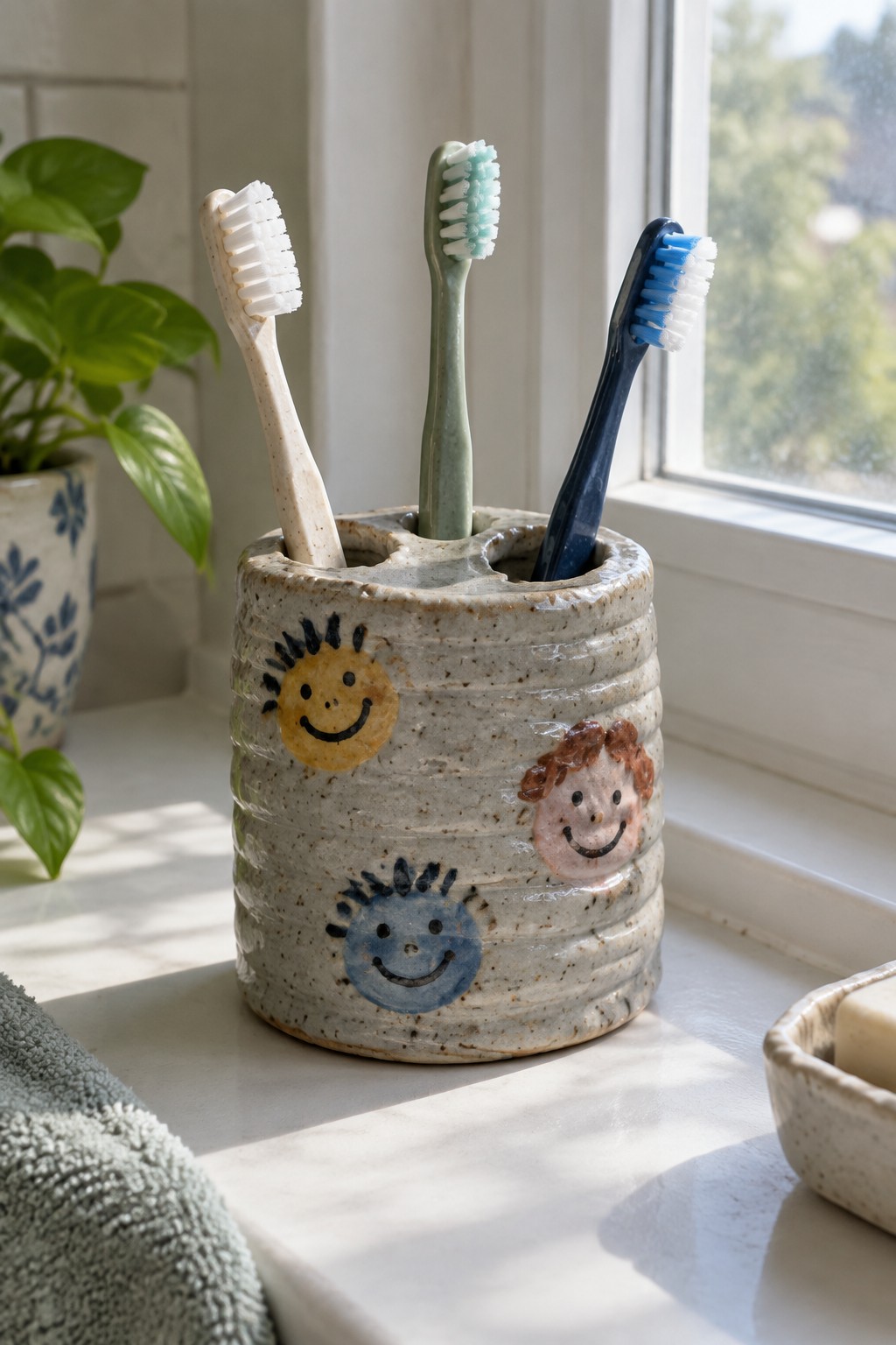 Speckled ceramic holder with smiley face designs holding three toothbrushes on windowsill