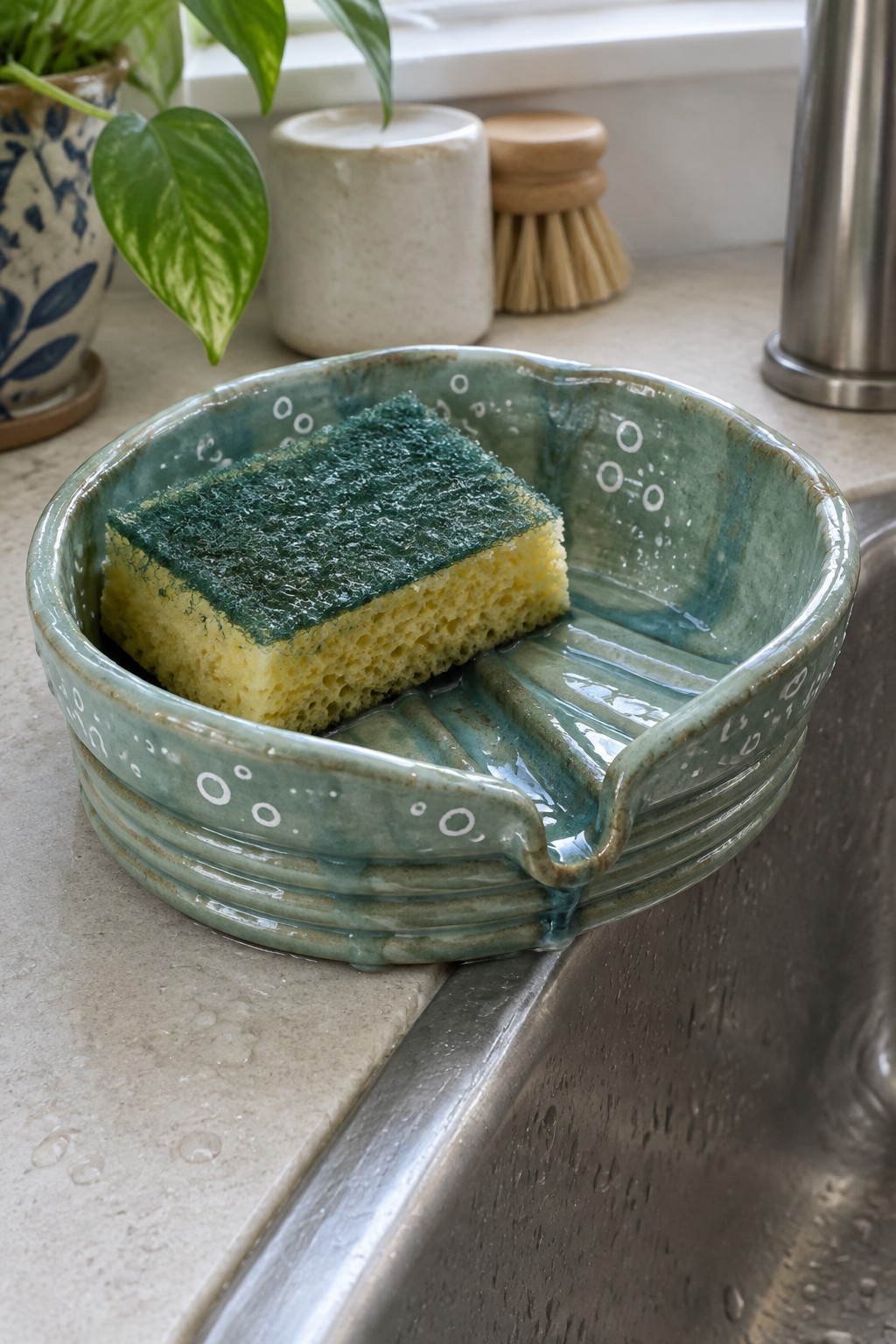 Yellow sponge in green ceramic dish on kitchen sink edge