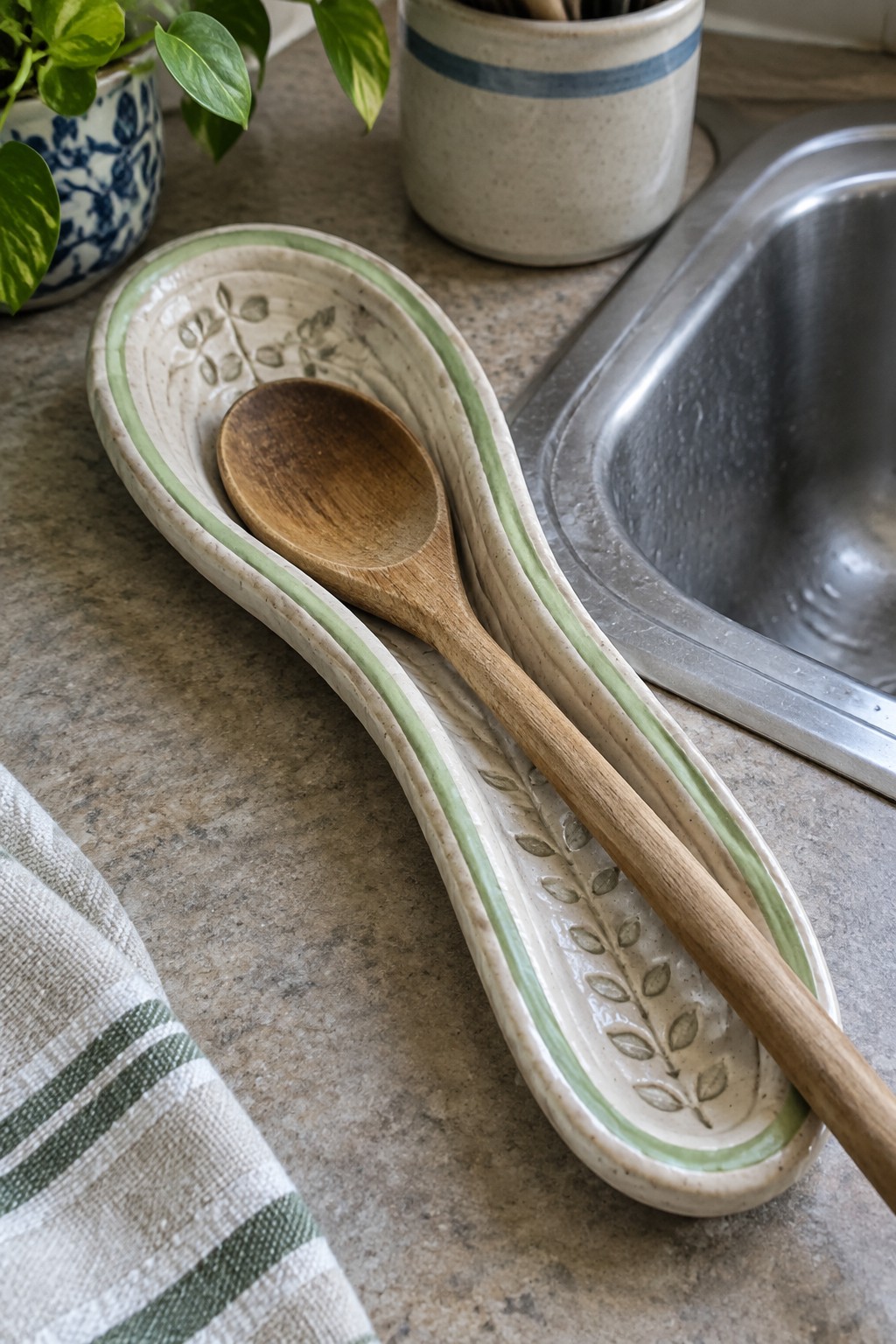Wooden spoon in long ceramic rest with green trim and leaf patterns on counter