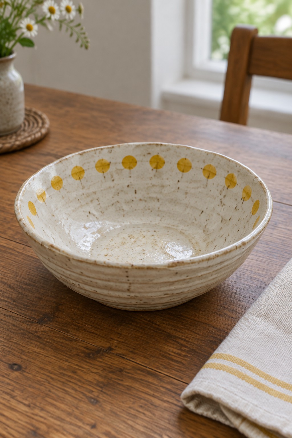 Speckled ceramic bowl with yellow dots on wooden table beside striped napkin