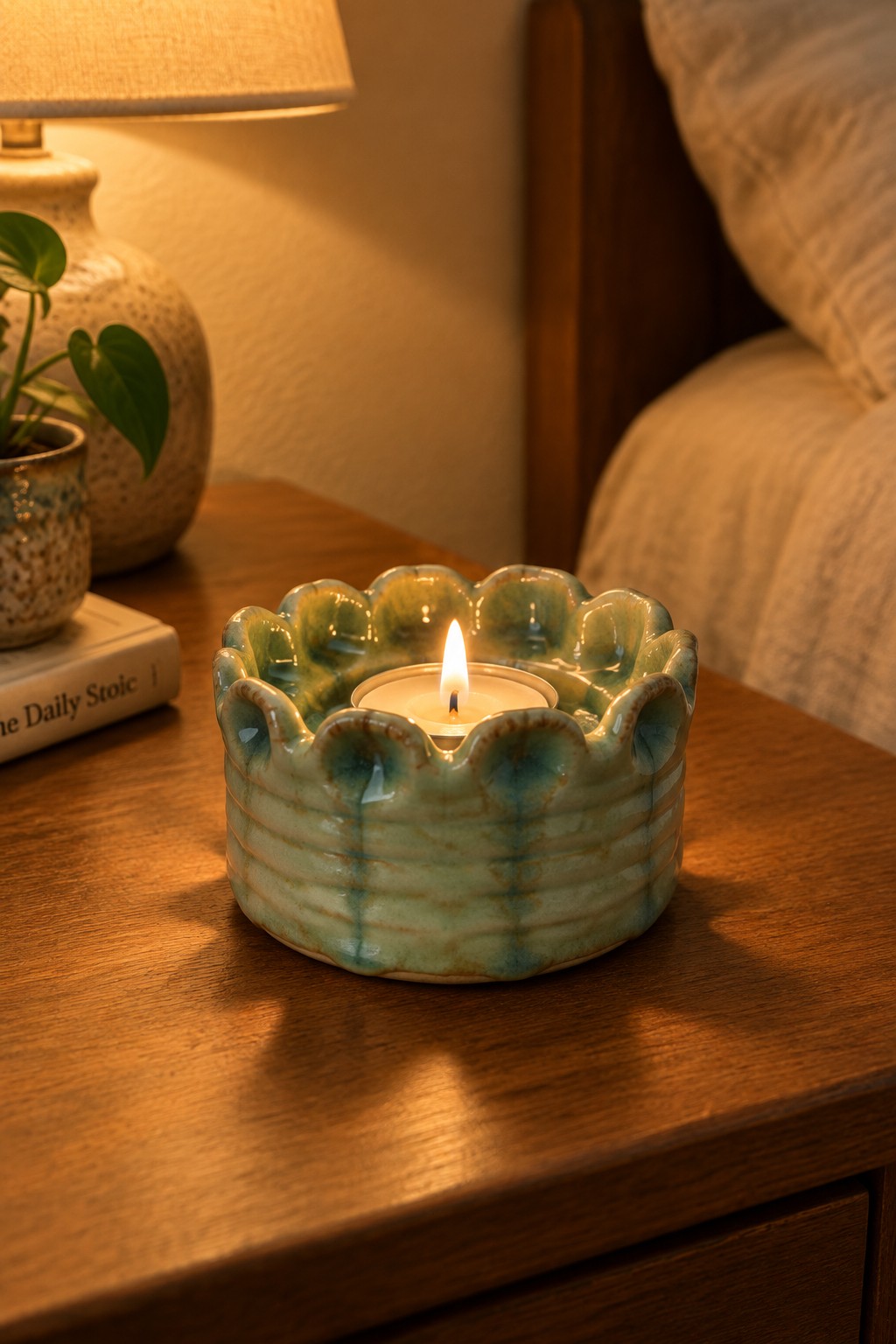 Lit candle in scalloped turquoise ceramic holder on wooden nightstand