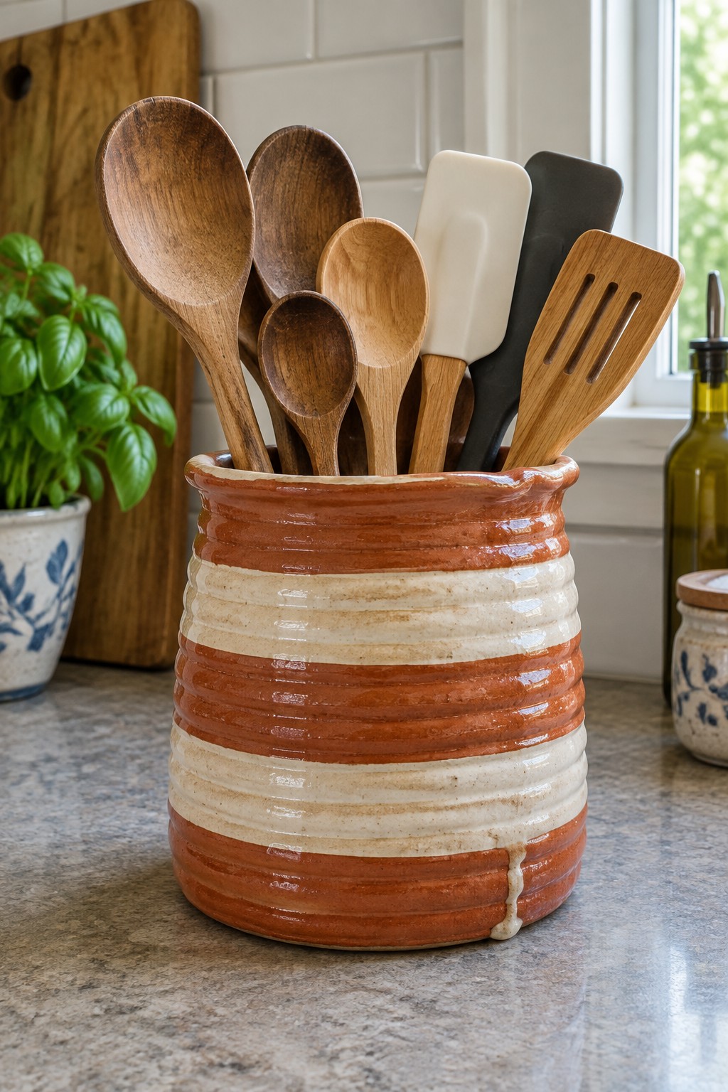 Striped terracotta and cream ceramic crock brimming with wooden spoons and spatulas.