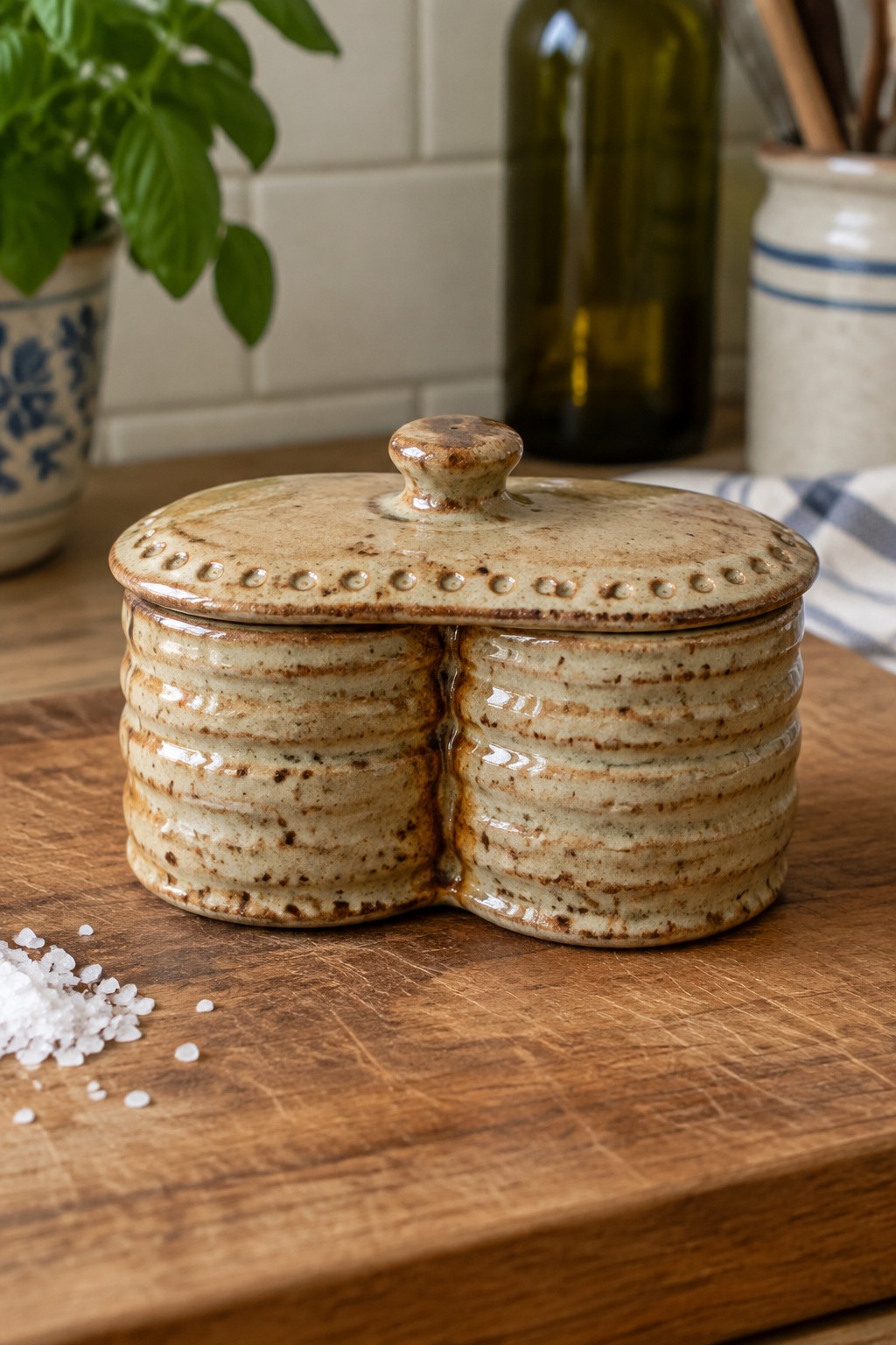 Beige ribbed ceramic double jar with lid on wooden board near spilled salt