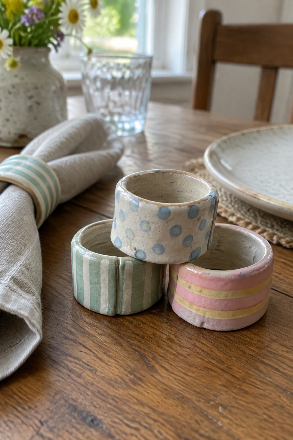 Ceramic napkin rings with blue dots and colorful stripes on a wooden table