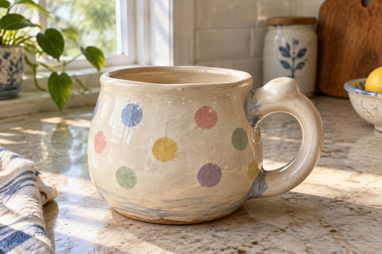 Creamy ceramic mug with colorful polka dots on marble kitchen counter