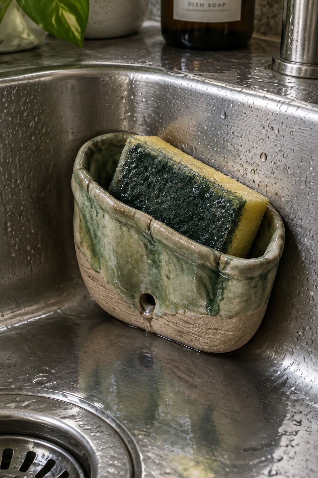 Ceramic sponge holder with yellow-green pad in dripping wet stainless sink