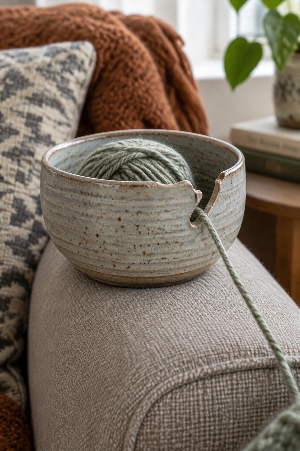 Ceramic yarn bowl with sage green yarn on beige couch near rust blanket