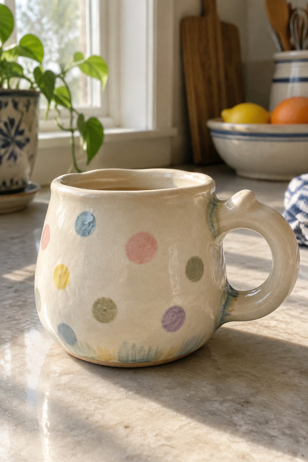 Creamy ceramic mug with colorful polka dots on marble kitchen counter