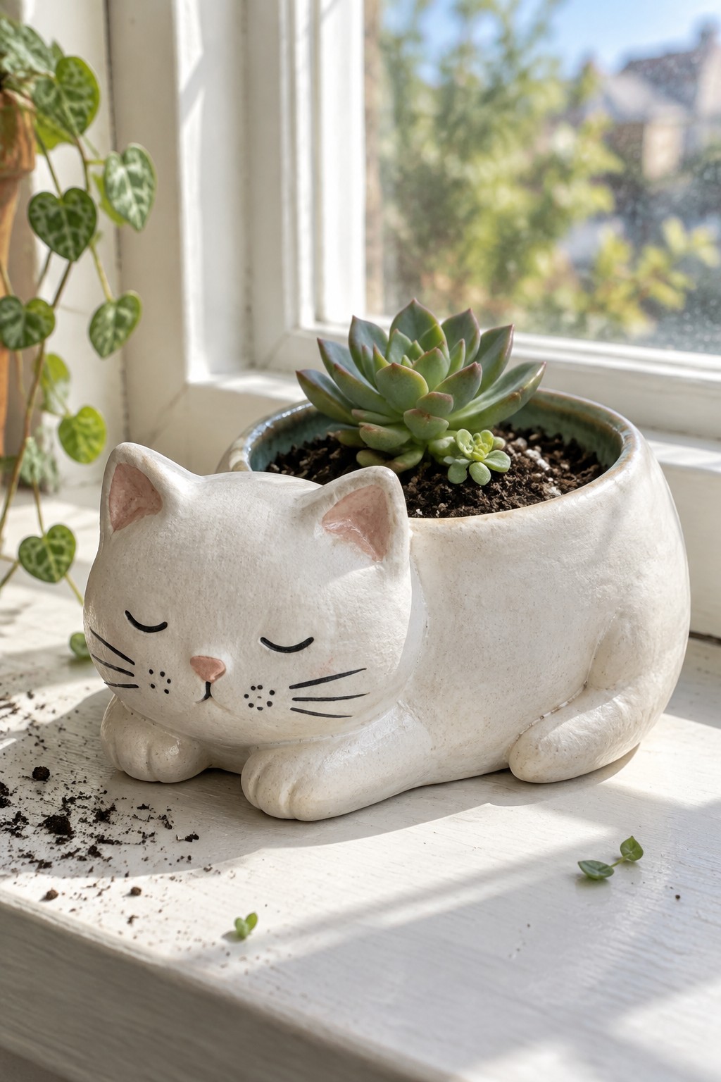 White ceramic cat planter with green succulent on sunlit windowsill