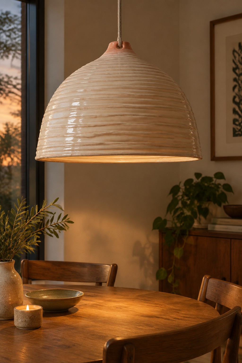 Cream ribbed ceramic pendant lamp glowing above wooden table with lit candle