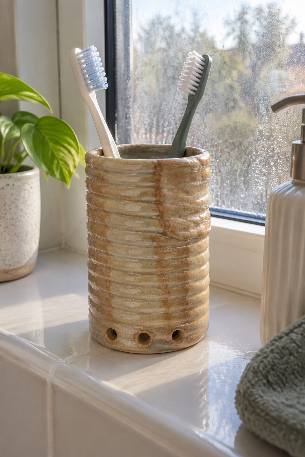 Ribbed ceramic holder with two toothbrushes on sunlit bathroom windowsill beside soap dispenser
