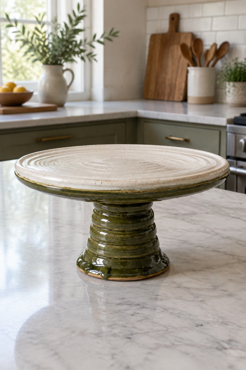 Green ribbed ceramic cake stand with white top on marble countertop