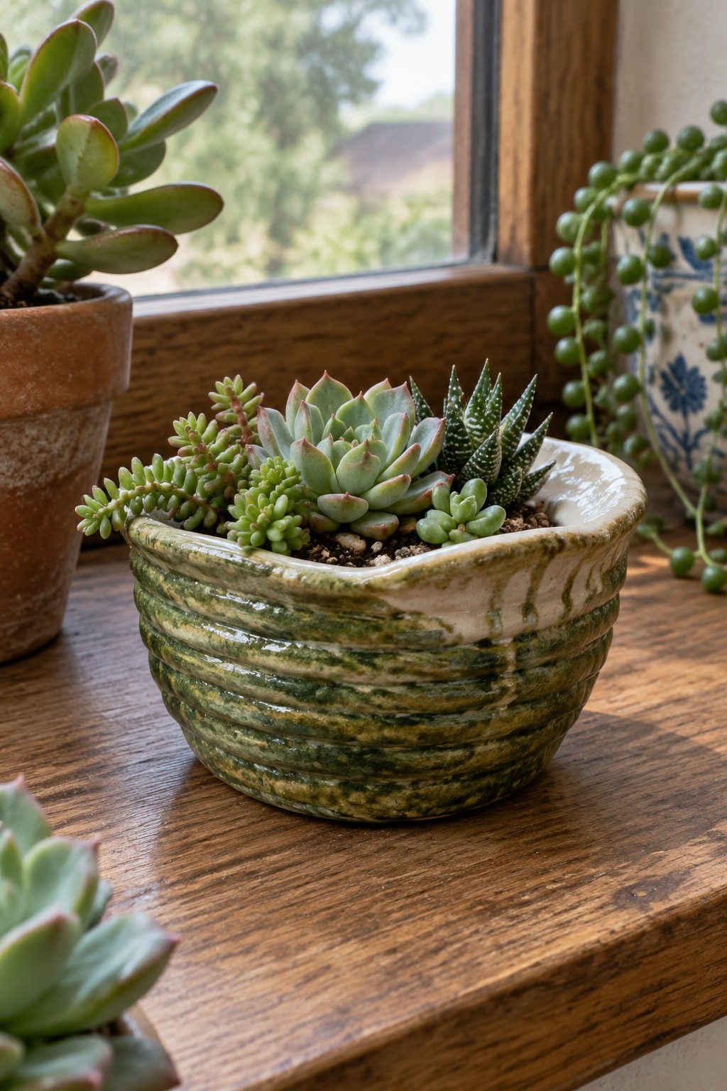 Assorted succulents in a ribbed green ceramic bowl on a wooden windowsill.