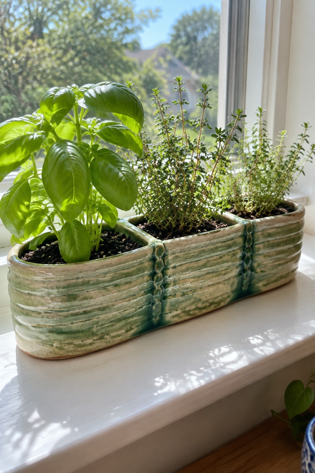 Green ceramic planter with basil and thyme on sunny windowsill