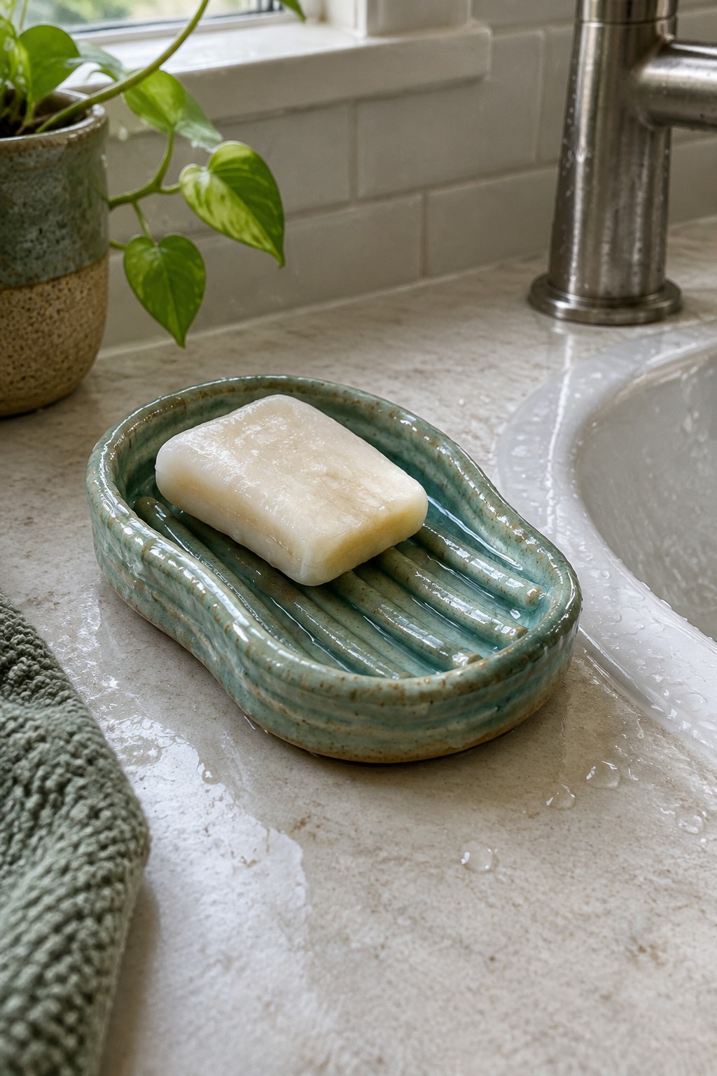 Bar of soap on green ribbed ceramic dish atop wet marble countertop by sink
