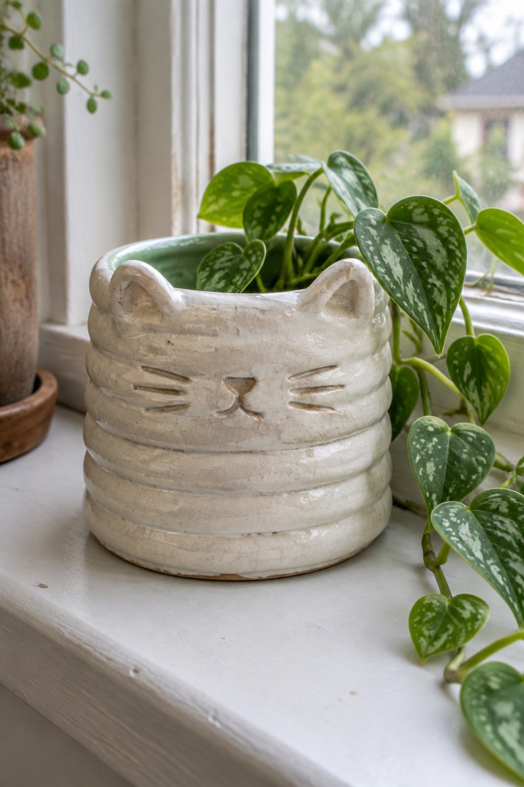 Cat-faced white ceramic planter with ridged texture holding variegated plant on windowsill
