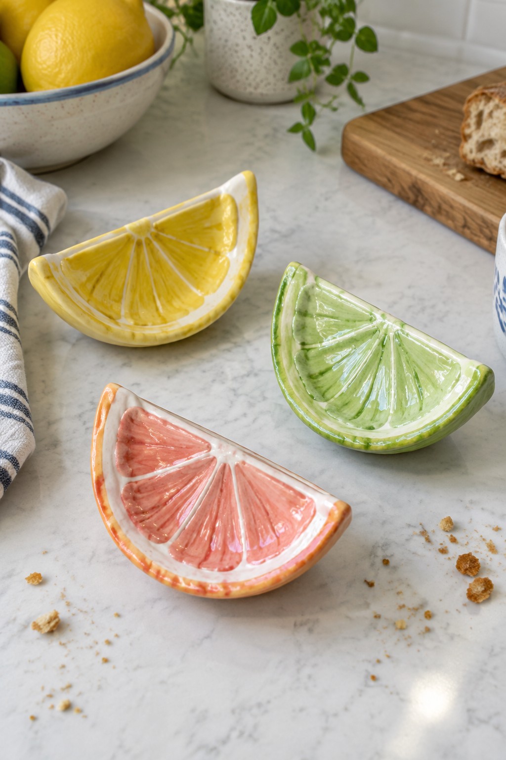 Three ceramic citrus slices—lemon, lime, grapefruit—on marble counter with crumbs