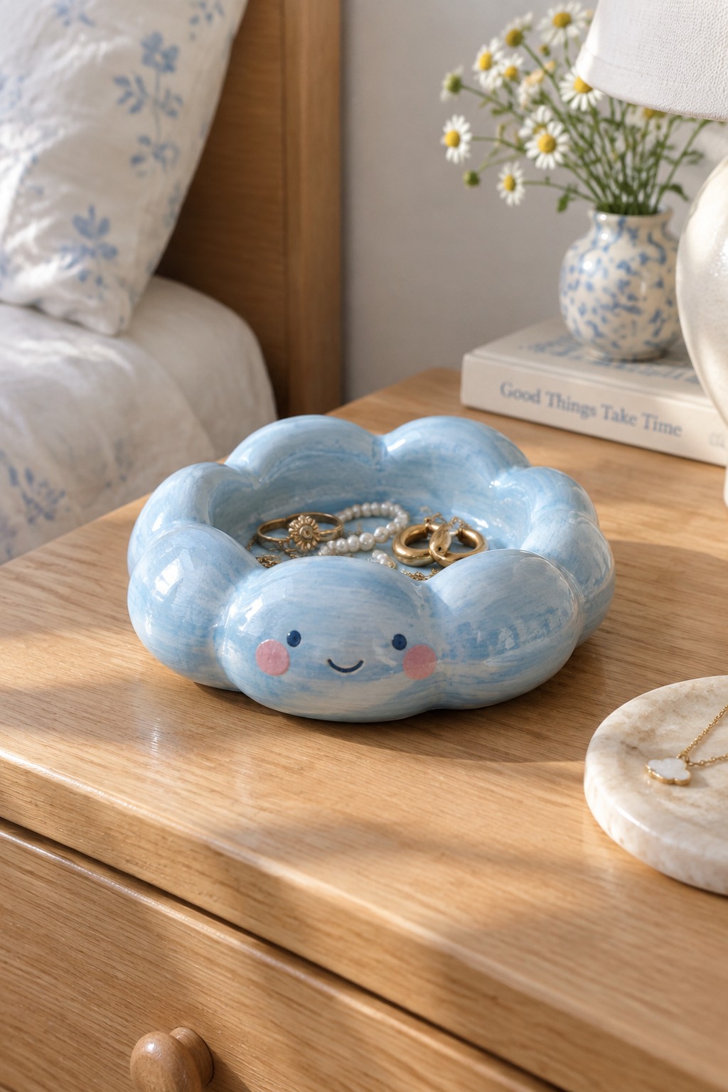 Blue smiling cloud bowl holding pearl necklace and rings on wooden nightstand