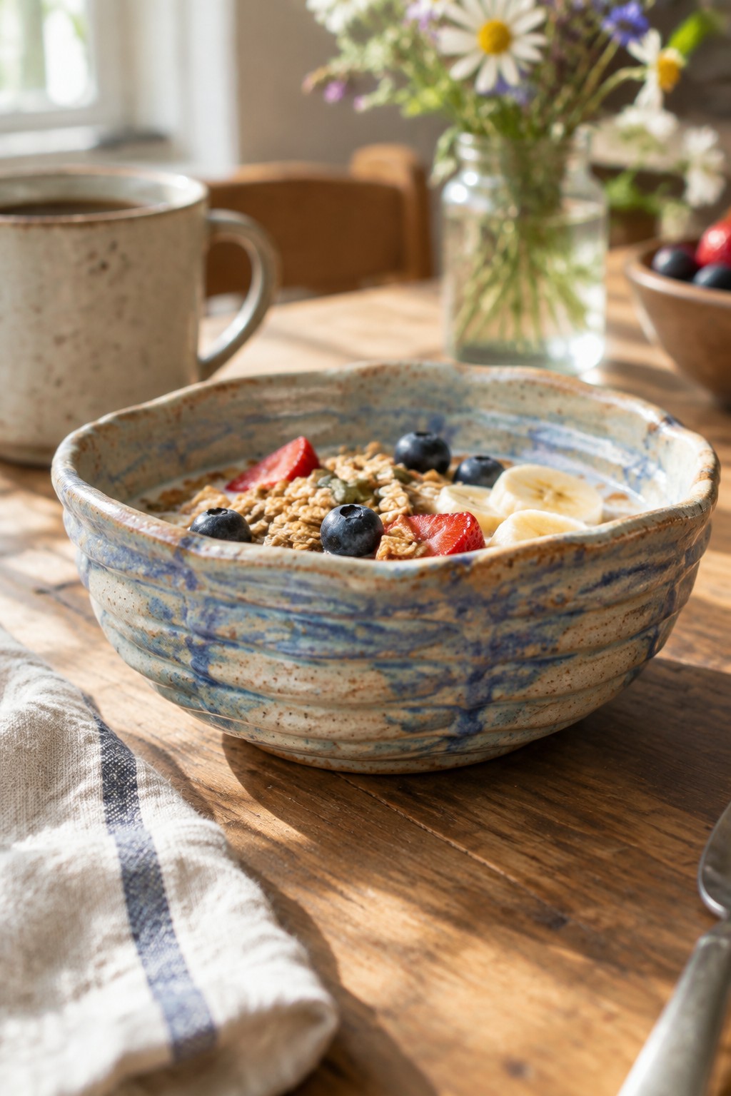 Rustic blue ceramic bowl of granola with strawberries, blueberries, and banana on wooden table
