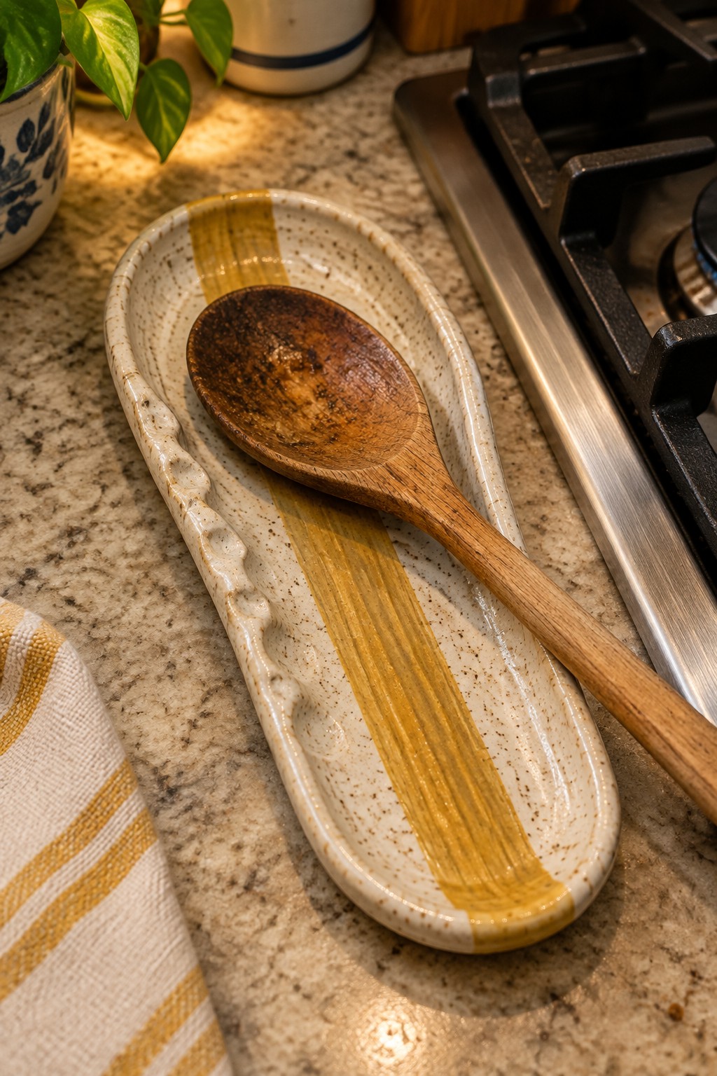 Wooden spoon on speckled ceramic tray with yellow stripes on marble counter