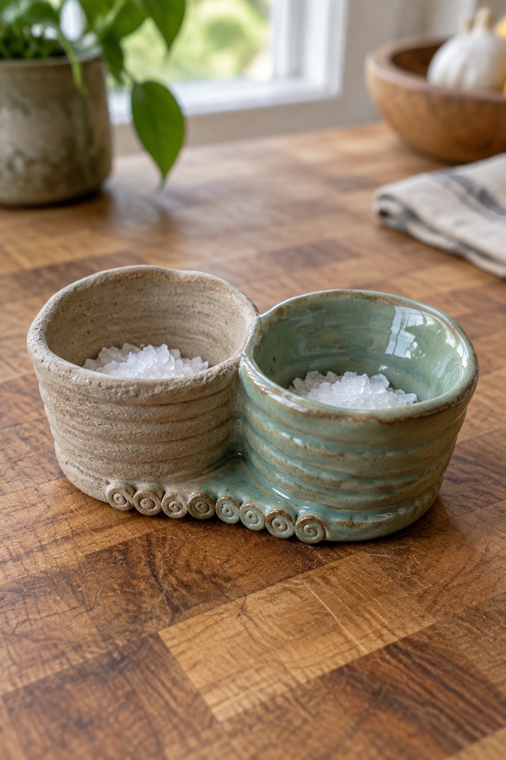 Beige and green ceramic double bowl filled with salt on wooden table