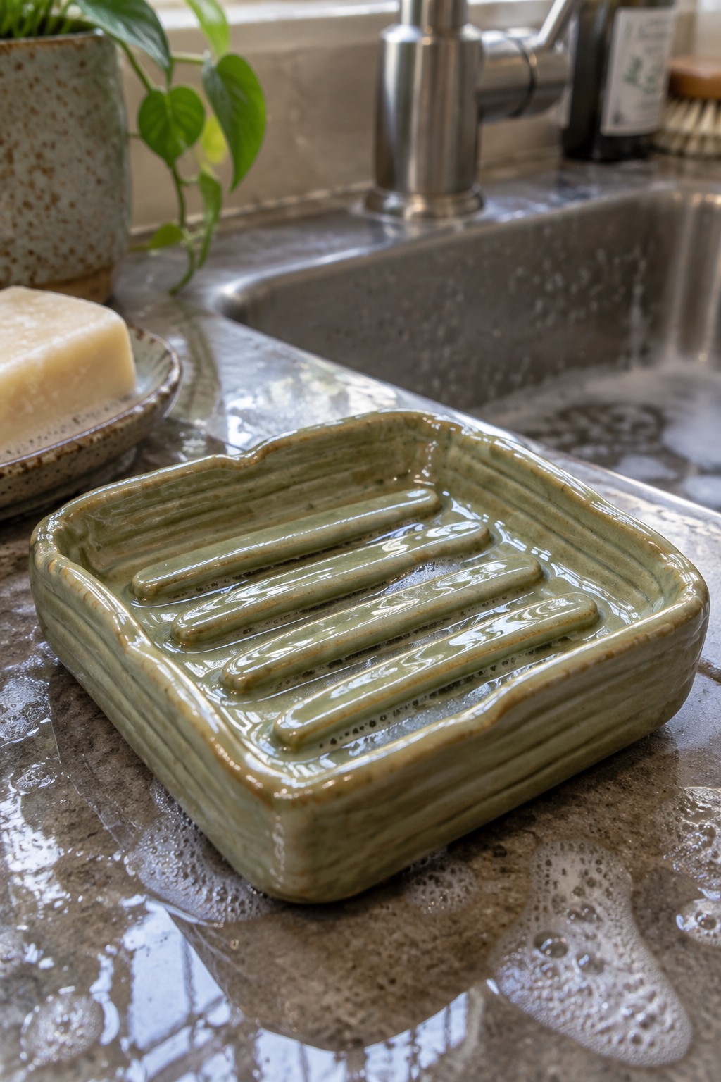 A square green ceramic soap dish with parallel interior ridges sits on a wet kitchen counter next to a sink.