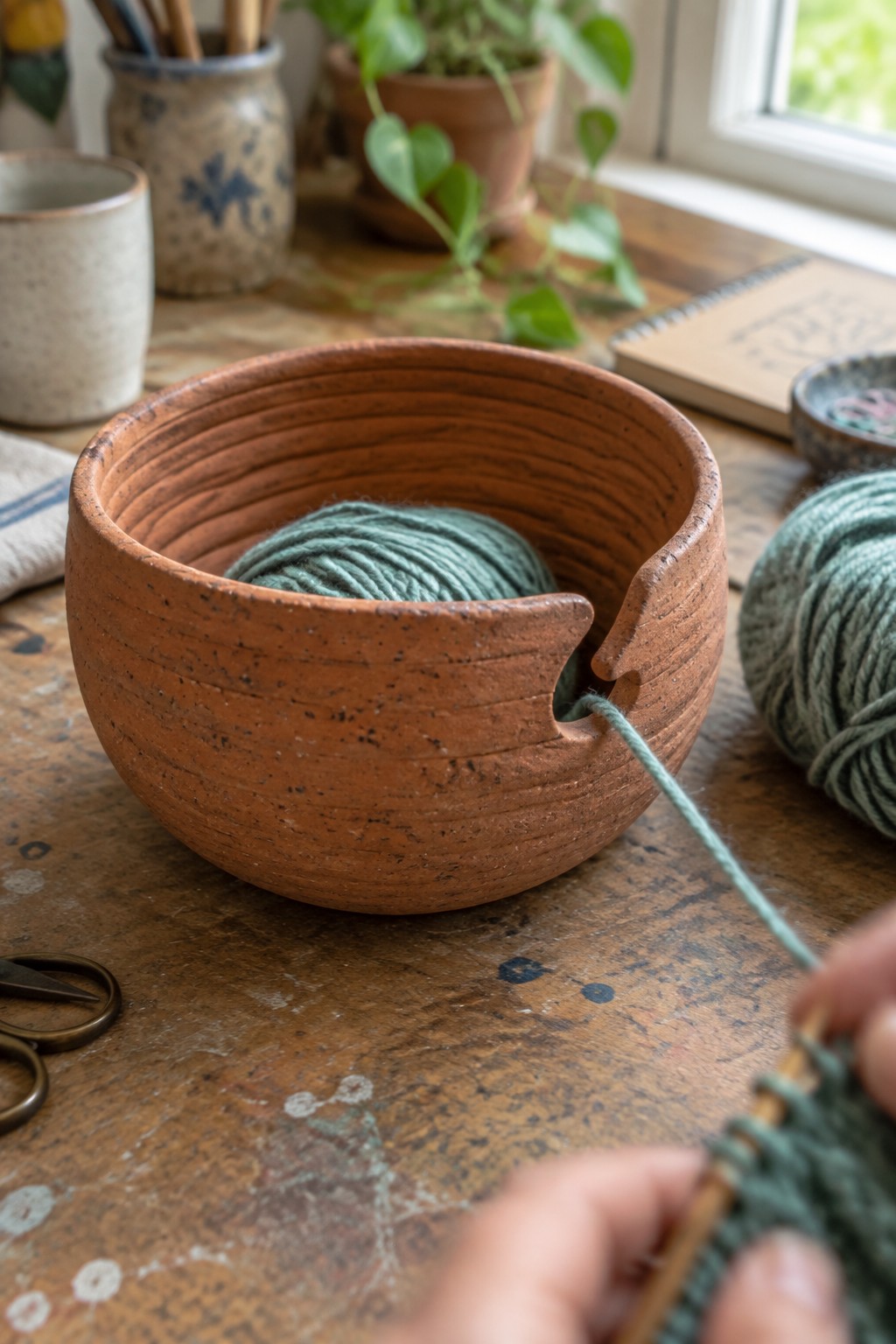 Hands knitting green yarn from a rustic terracotta bowl on a wooden table